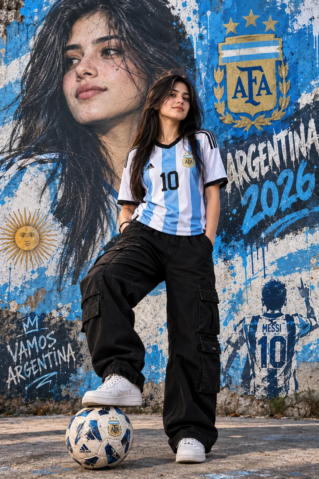 Female soccer player posing with foot on football in street art background